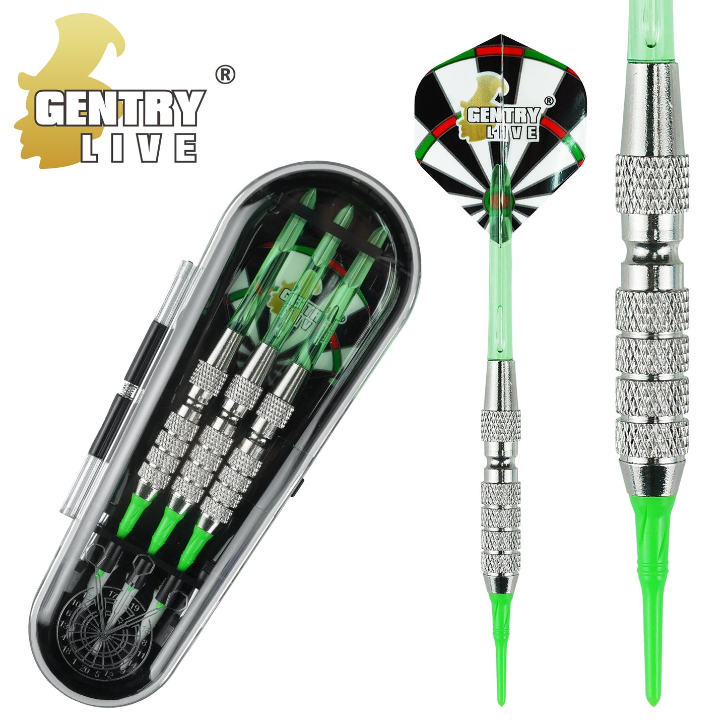 GB-003 – Soft Tip Dart Set – Silver Barrel with Green Tips – 16g