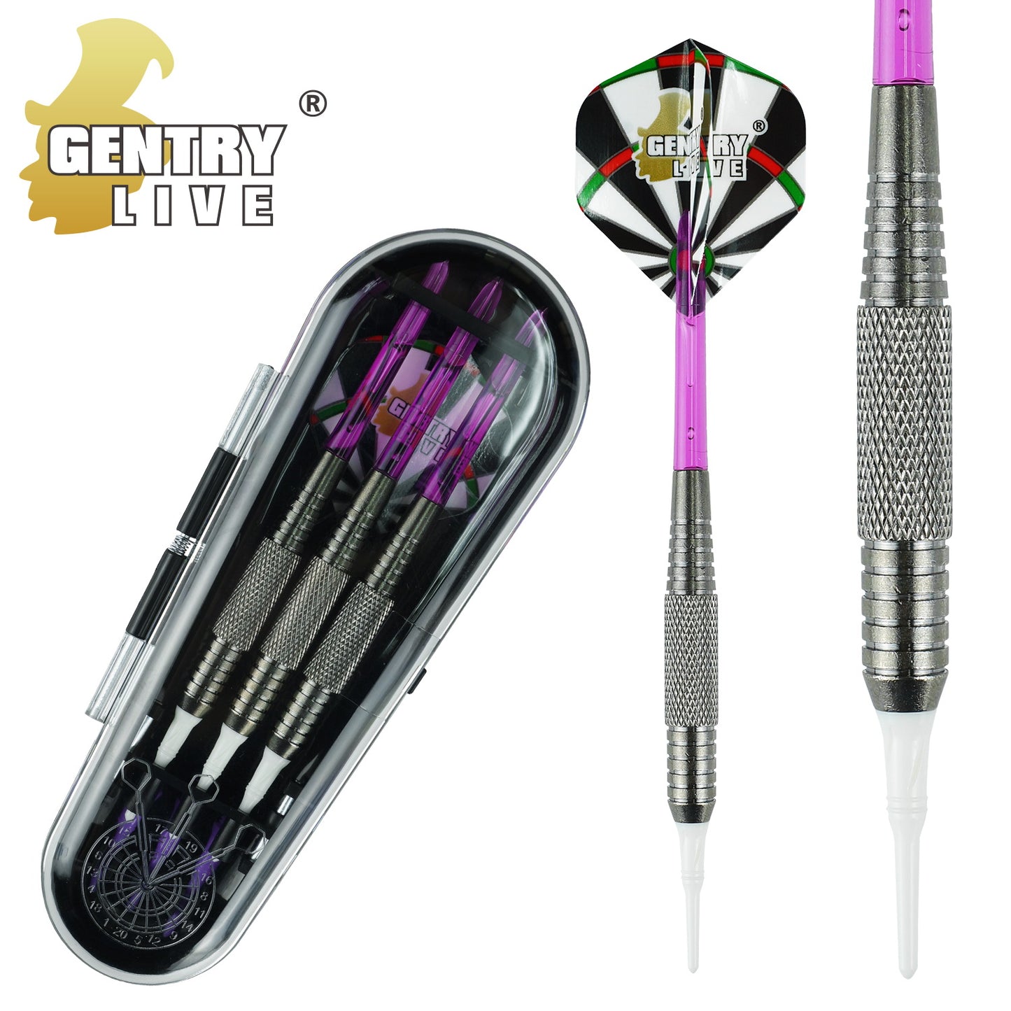 GB-009 – Soft Tip Dart Set – Silver Barrel with Purple Tips – 18g
