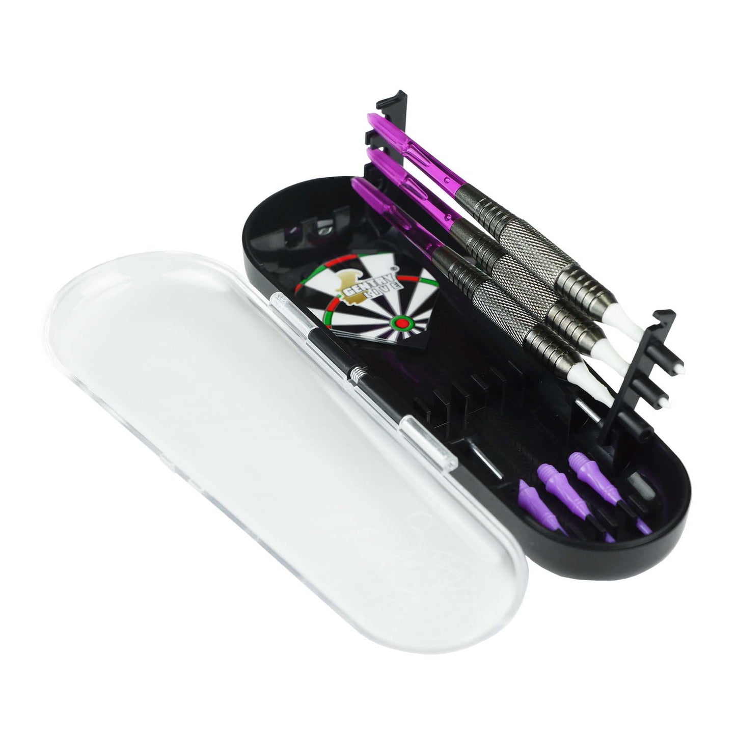 GB-009 – Soft Tip Dart Set – Silver Barrel with Purple Tips – 18g