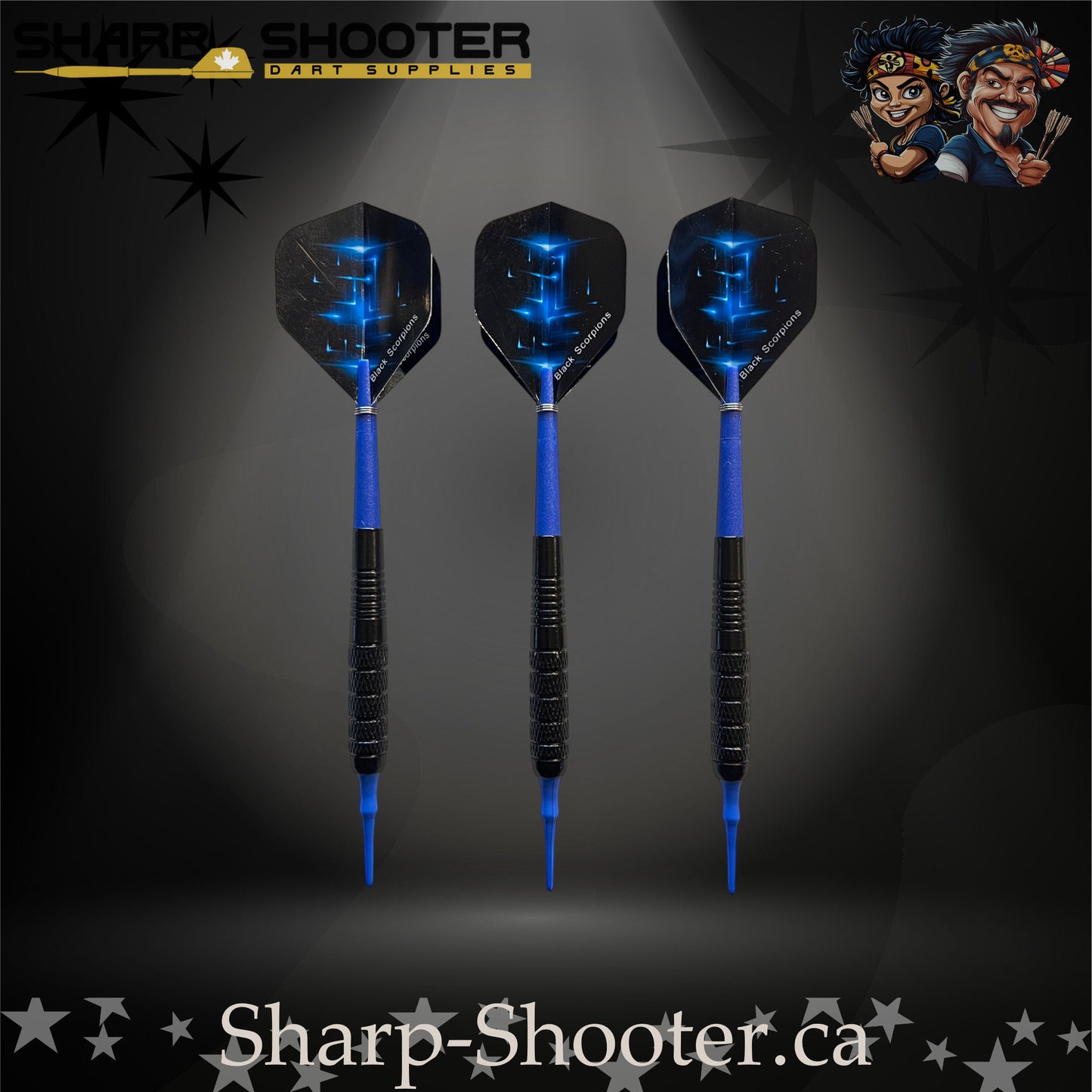 Aftershock soft tip dart set with SD12 barrels, blue shafts, blue tips, and star-pattern flights – Sharp Shooter Dart Supplies.