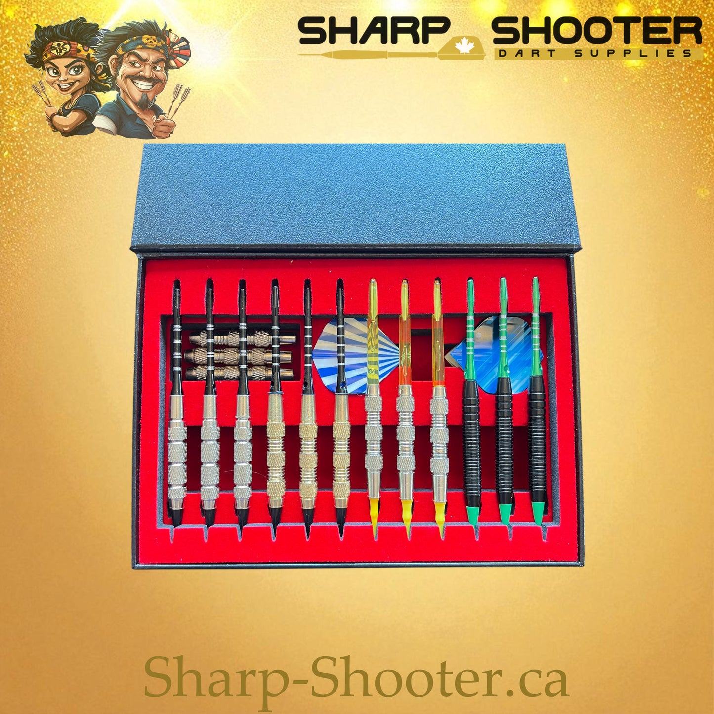 The Armory case open — DP-20 showing darts and accessories neatly arranged, Sharp-Shooter.ca
