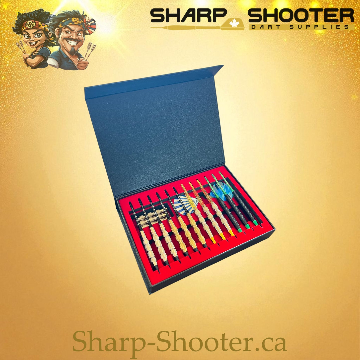 The Armory case open — DP-20 showing darts and accessories neatly arranged, Sharp-Shooter.ca