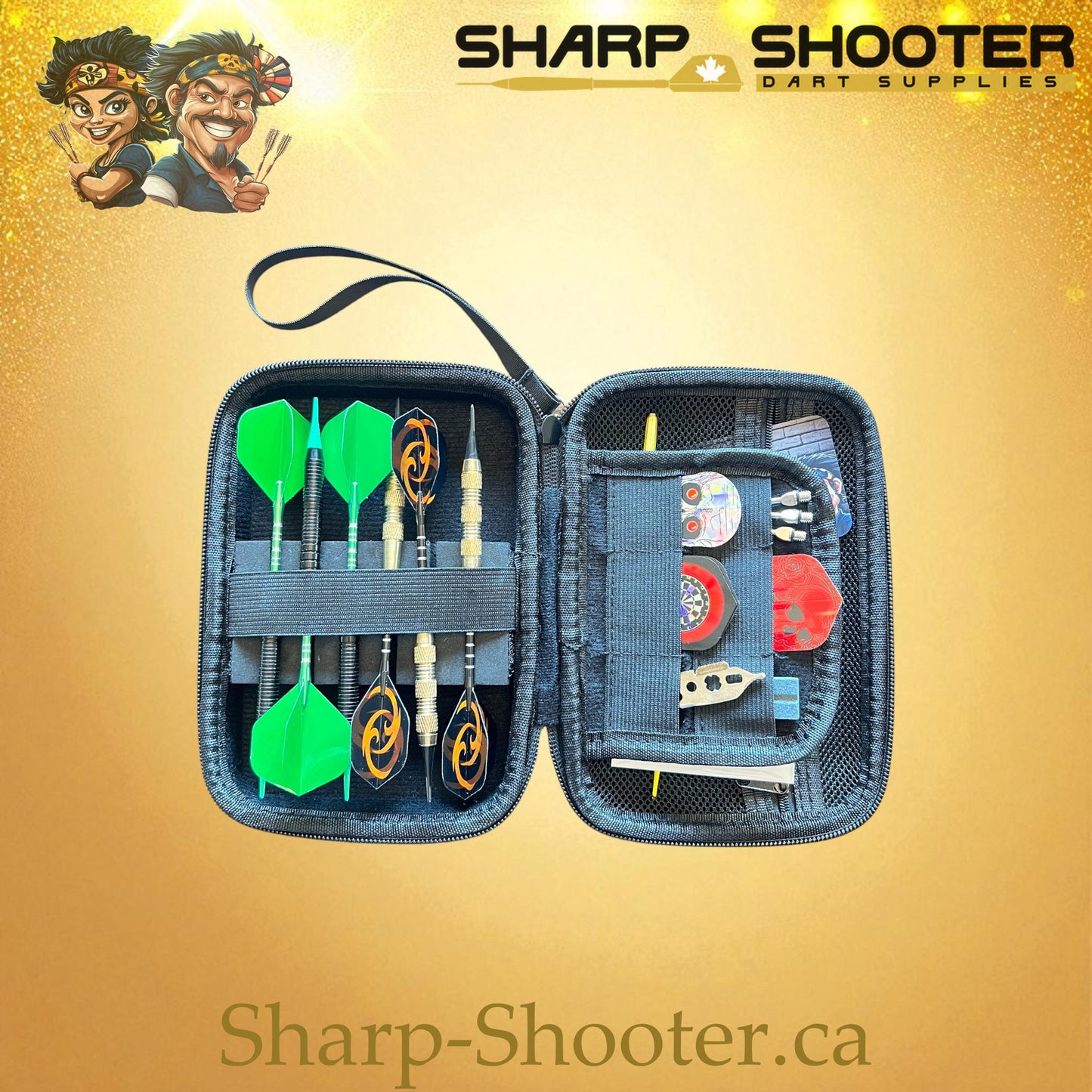 The Bunker stocked dart case — AL-02 shown with darts and accessories inside, Sharp-Shooter.ca