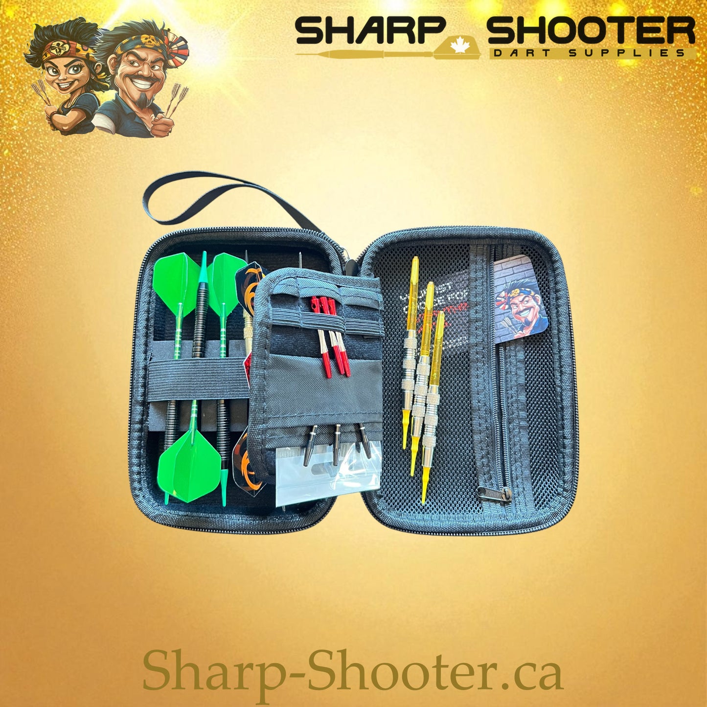 The Bunker stocked dart case — AL-02 shown with darts and accessories inside, Sharp-Shooter.ca