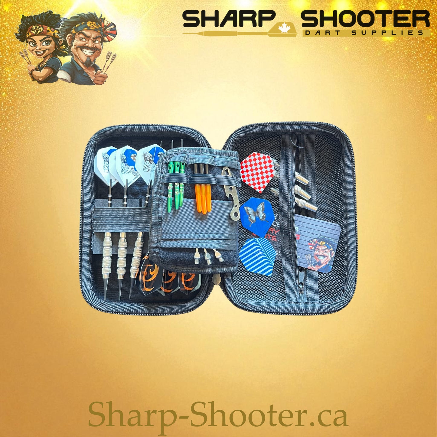 Sharpshooter Gearbox PVC Dart Case – Black, shown loaded with six darts and accessories