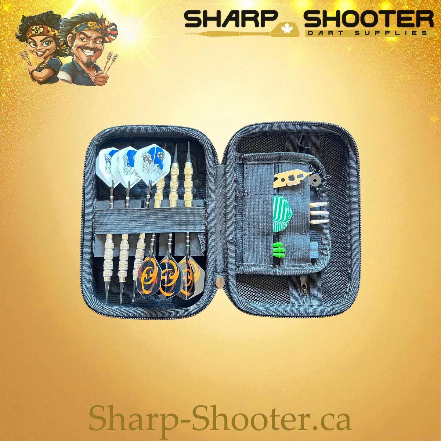 Sharpshooter Gearbox PVC Dart Case – Black, shown loaded with six darts and accessories