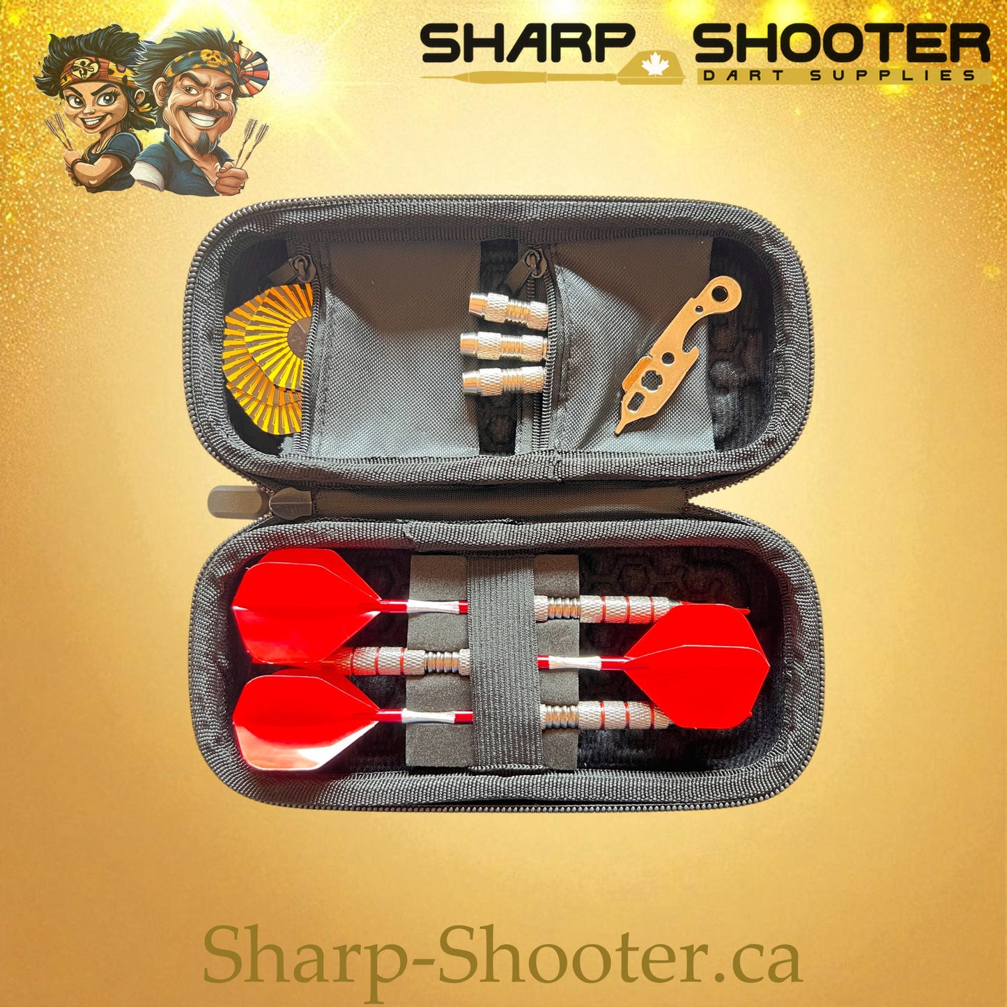 he Pocket Grip stocked dart case — AL-01 shown with darts and accessories, Sharp-Shooter.ca