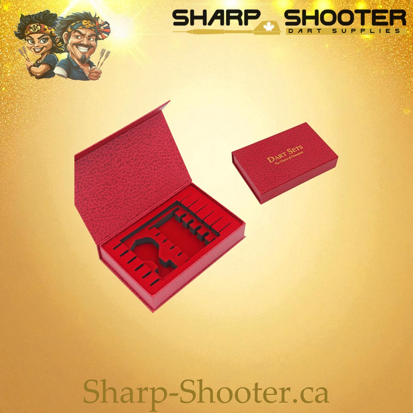 The Showcase dart case DP-19 Red — luxury cardboard case holds 6 darts, Sharp-Shooter.ca
