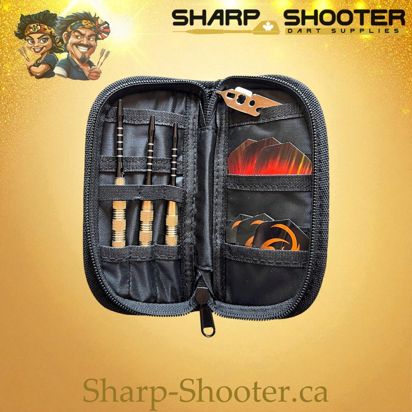 The Sidearm DP-22 Black — small nylon dart case shown stocked with darts, Sharp-Shooter.ca