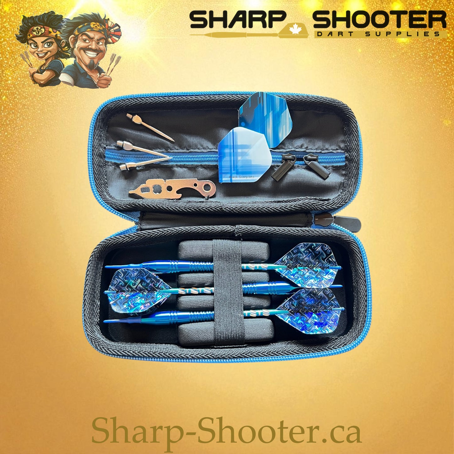 The Sidearm stocked dart case — DP-23 shown with darts and accessories, Sharp-Shooter.ca