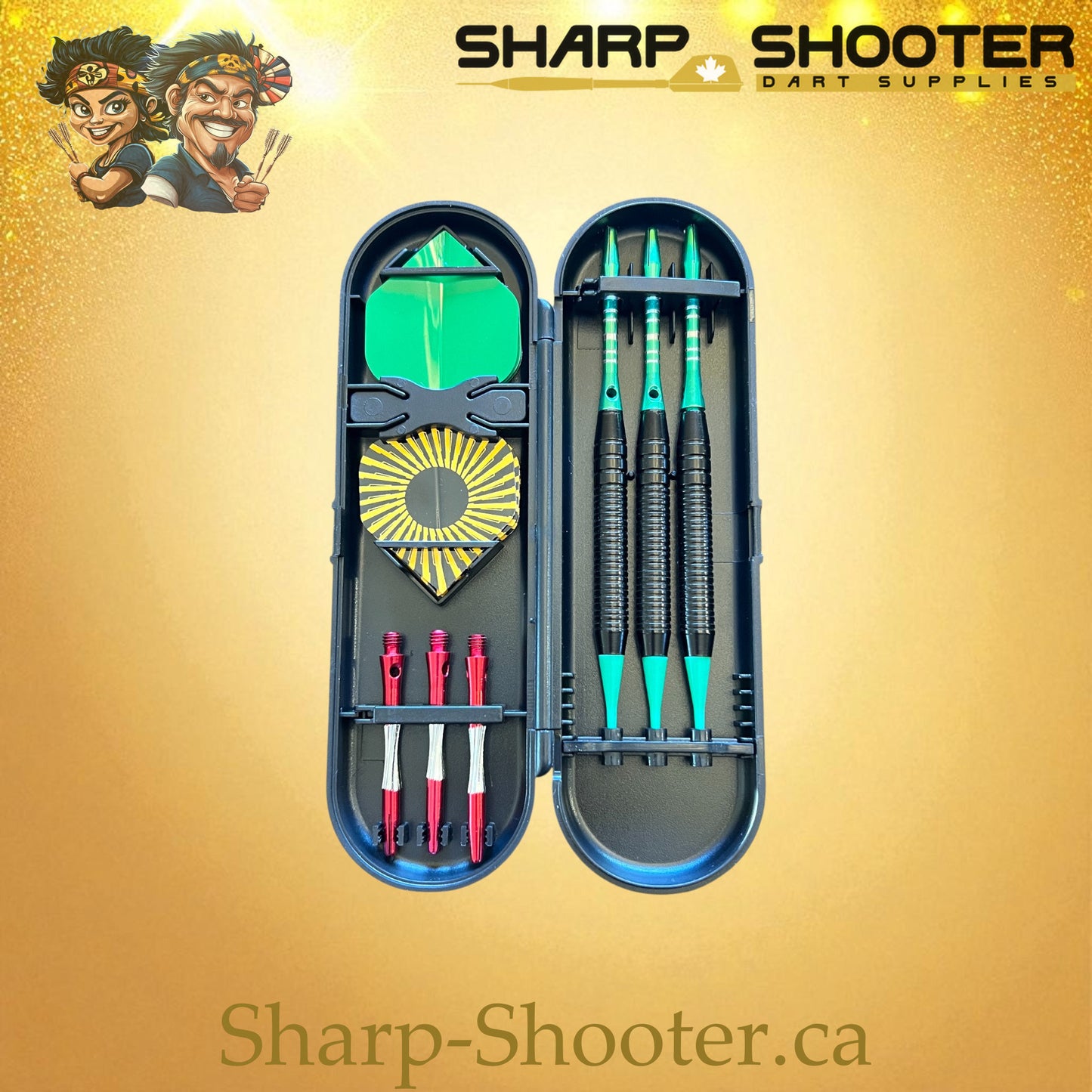 The Keeper dart case stocked with darts and extra Accessories inside — DP-31 Black, Sharp-Shooter.ca