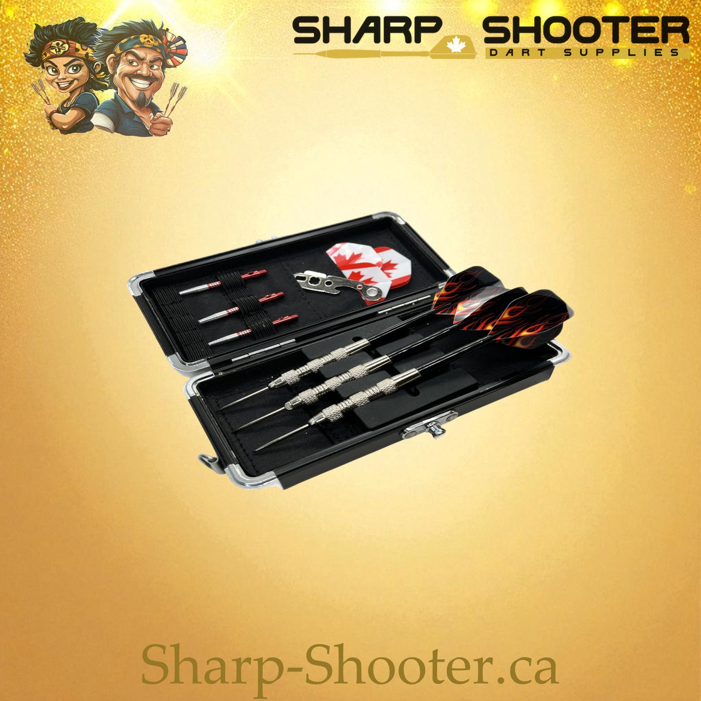 Red aluminum dart case open and stocked with darts, flights, and accessories