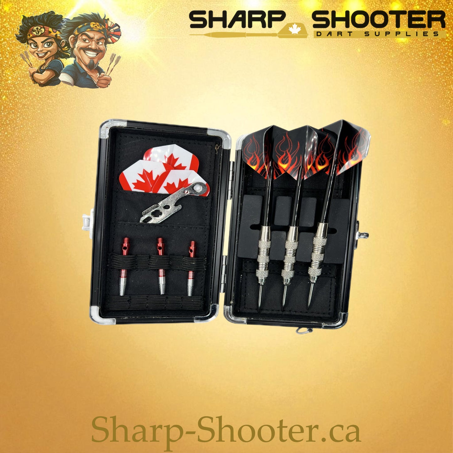 Red aluminum dart case open and stocked with darts, flights, and accessories
