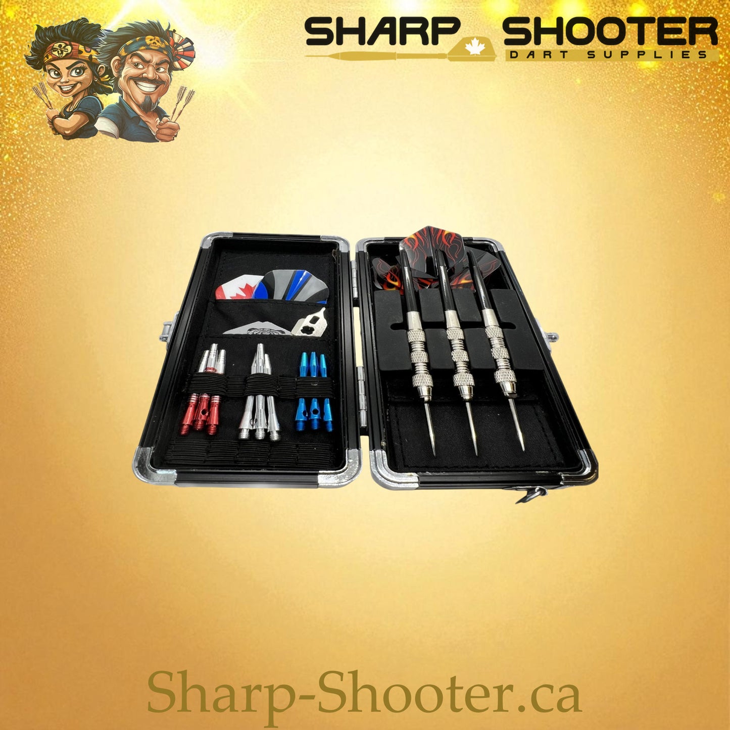 Red aluminum dart case open and stocked with darts, flights, and accessories