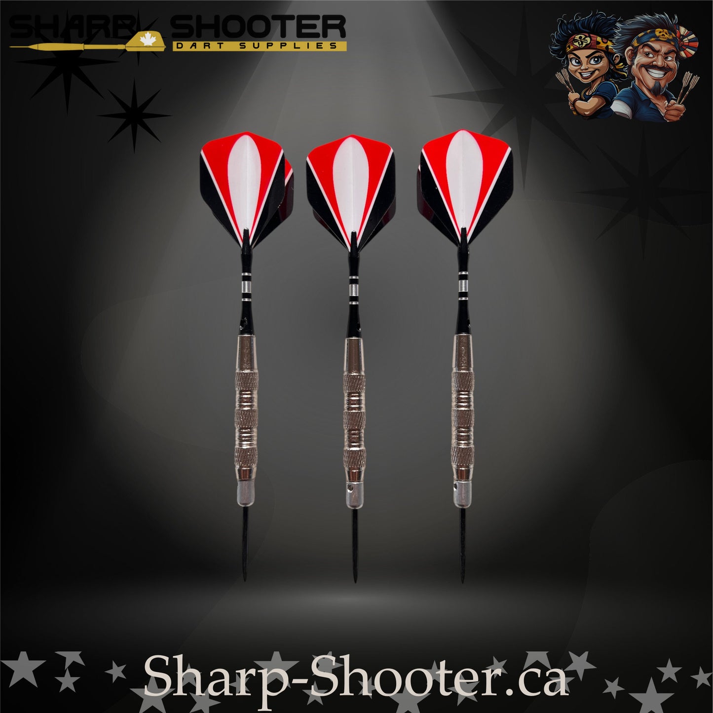 Echelon soft tip dart set with silver SD05 Gauntlet barrels, deep ring grip pattern, engraved aluminum shafts with O-rings, black/red/white flights, displayed on a dark spotlight background.