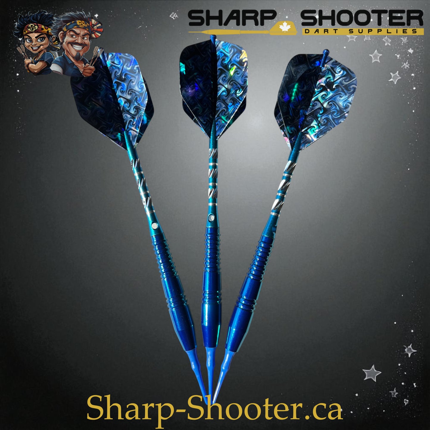 Sharpshooter Exclusive Poseidon dart set SSD26 with copper barrels, soft tips, ocean-blue finish, and holographic flights – Sharp Shooter Dart Supplies