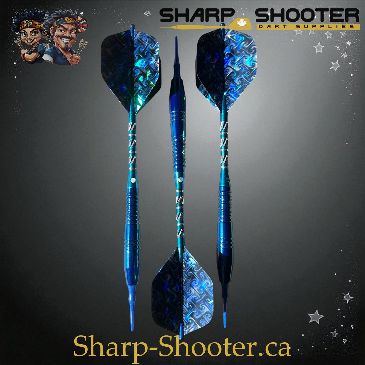 Sharpshooter Exclusive Poseidon dart set SSD26 with copper barrels, soft tips, ocean-blue finish, and holographic flights – Sharp Shooter Dart Supplies