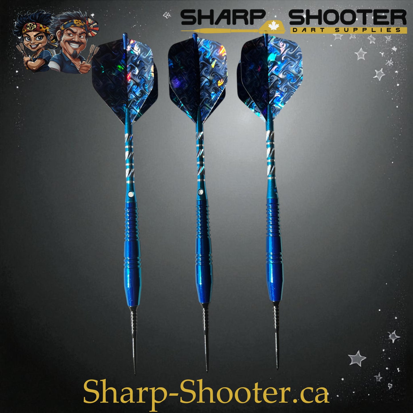 Sharpshooter Exclusive Poseidon dart set SSD26-S with copper barrels, steel tips, blue finish, and holographic flights – Sharp Shooter Dart Supplies