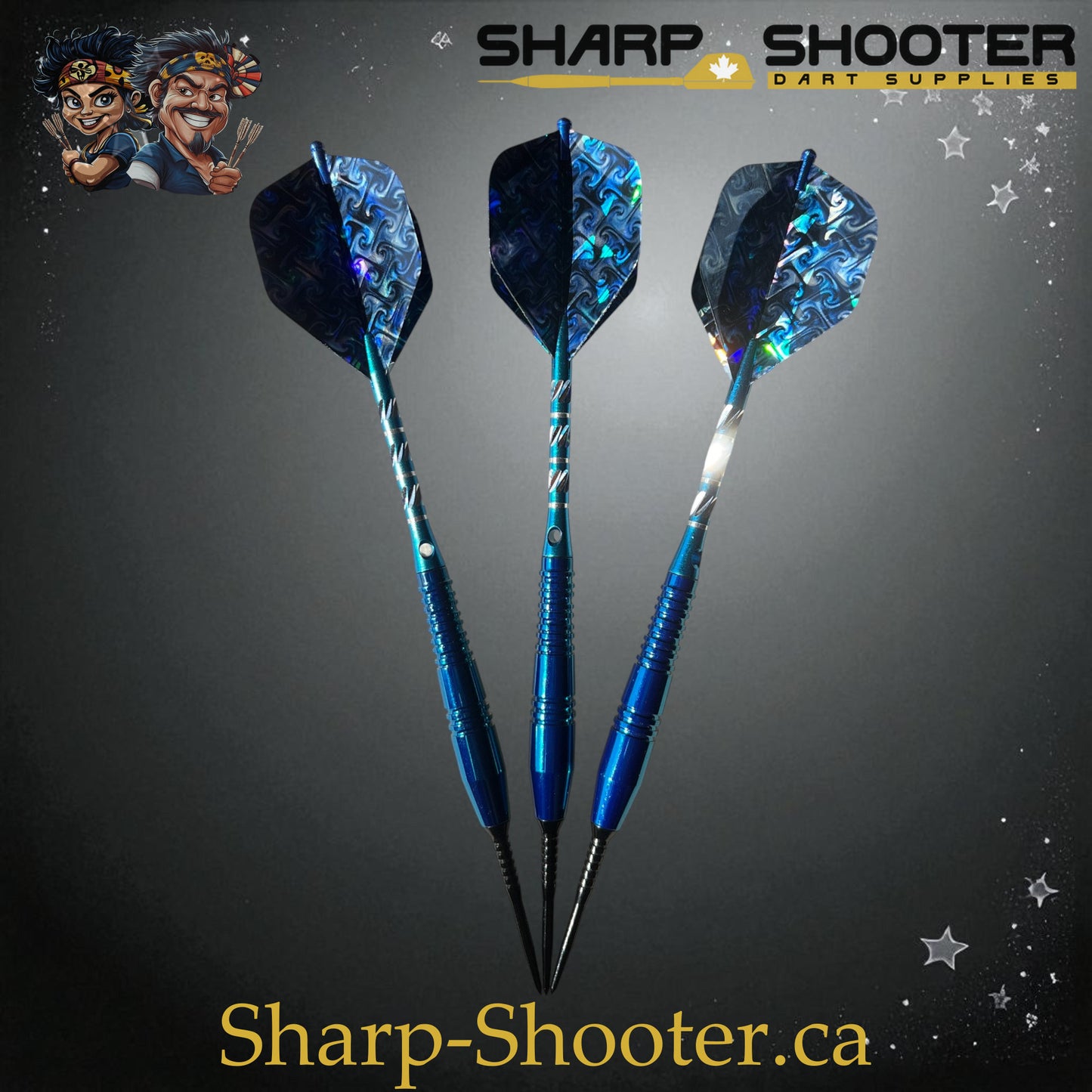 Sharpshooter Exclusive Poseidon dart set SSD26-S with copper barrels, steel tips, blue finish, and holographic flights – Sharp Shooter Dart Supplies