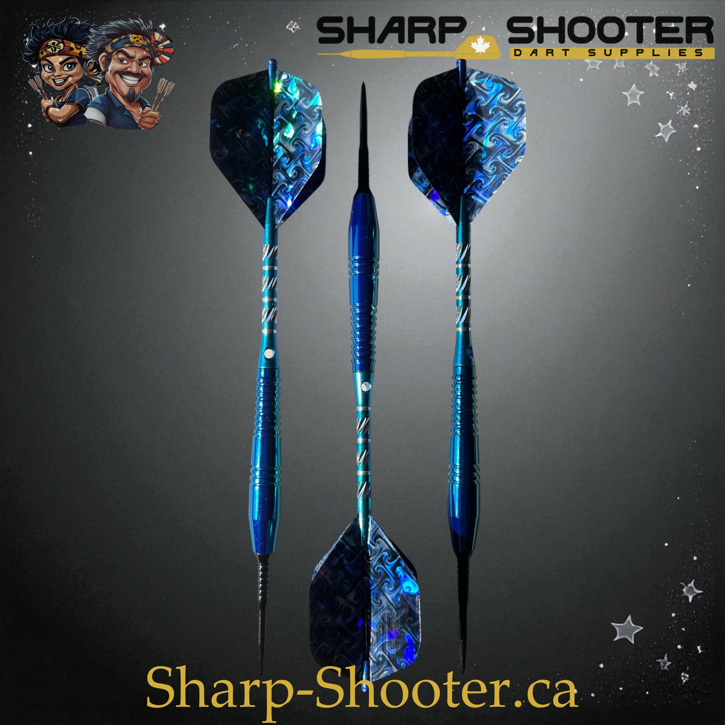 Sharpshooter Exclusive Poseidon dart set SSD26-S with copper barrels, steel tips, blue finish, and holographic flights – Sharp Shooter Dart Supplies