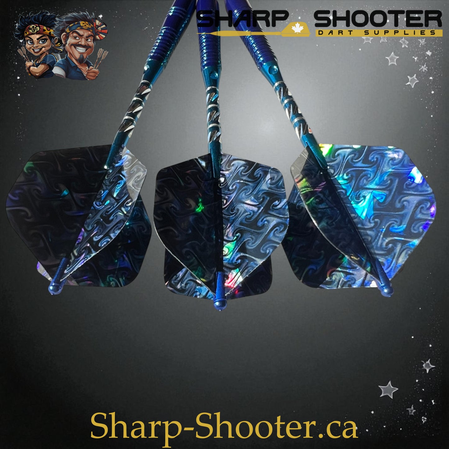 Sharpshooter Exclusive Poseidon dart set SSD26 with copper barrels, soft tips, ocean-blue finish, and holographic flights – Sharp Shooter Dart Supplies
