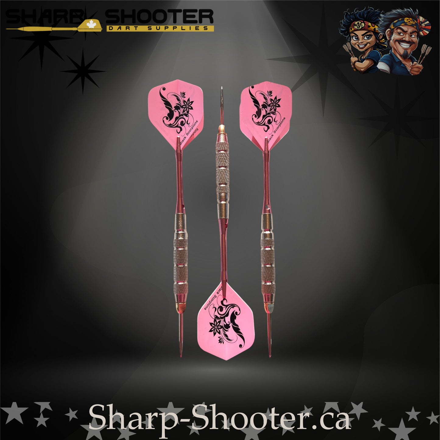 Fairytale steel tip dart set featuring pink floral flights, pink metallic shafts, and silver textured barrels.