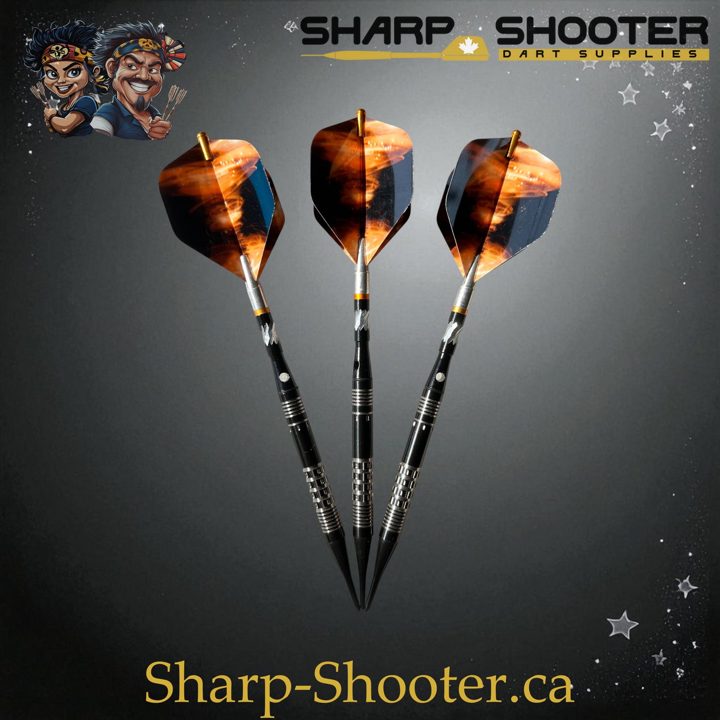Hades Exclusive Series Soft Tip Dart Set SSD28 – 18.7g tungsten barrels with orange Tornado flights and gold protectors in Dominion case