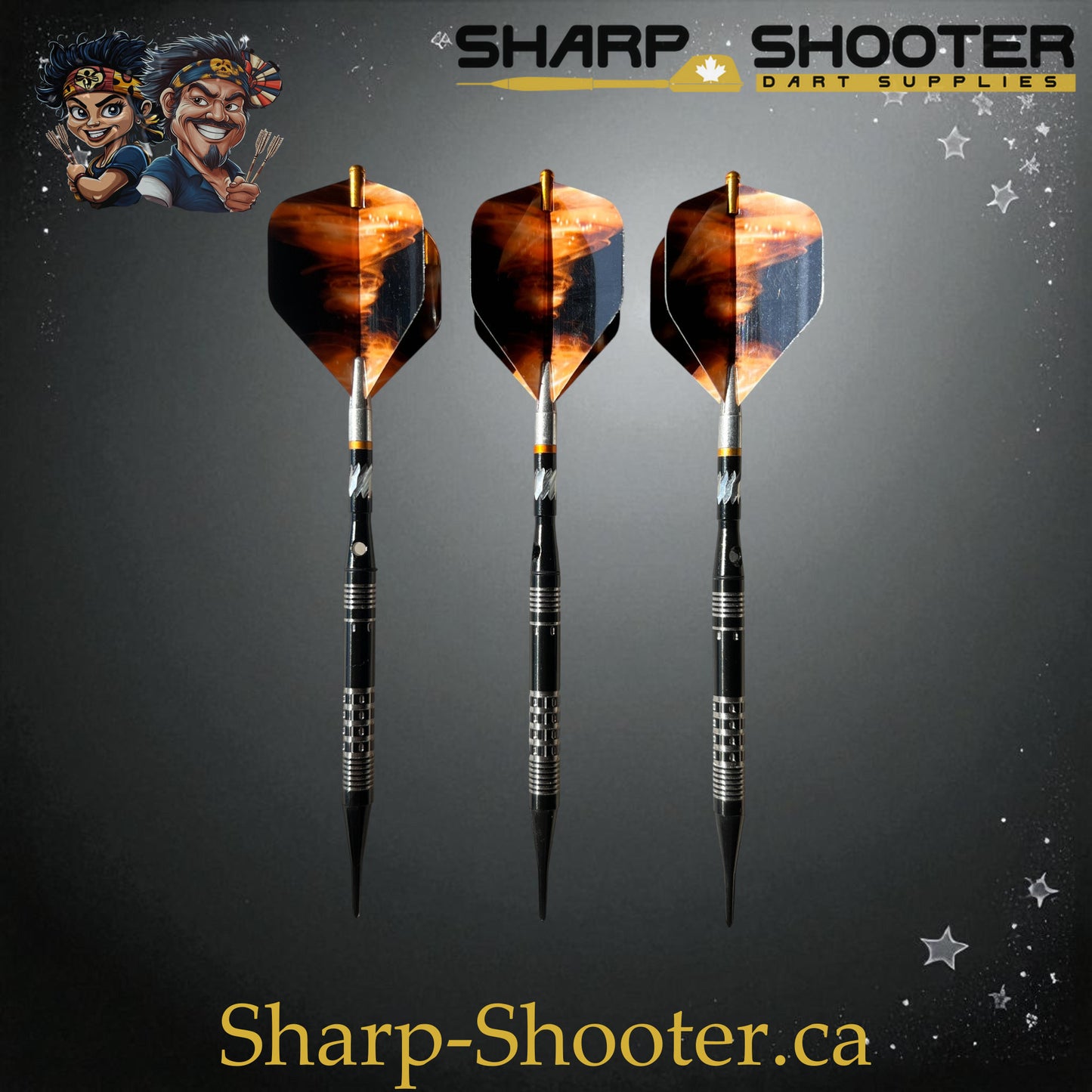 Hades Exclusive Series Soft Tip Dart Set SSD28 – 18.7g tungsten barrels with orange Tornado flights and gold protectors in Dominion case