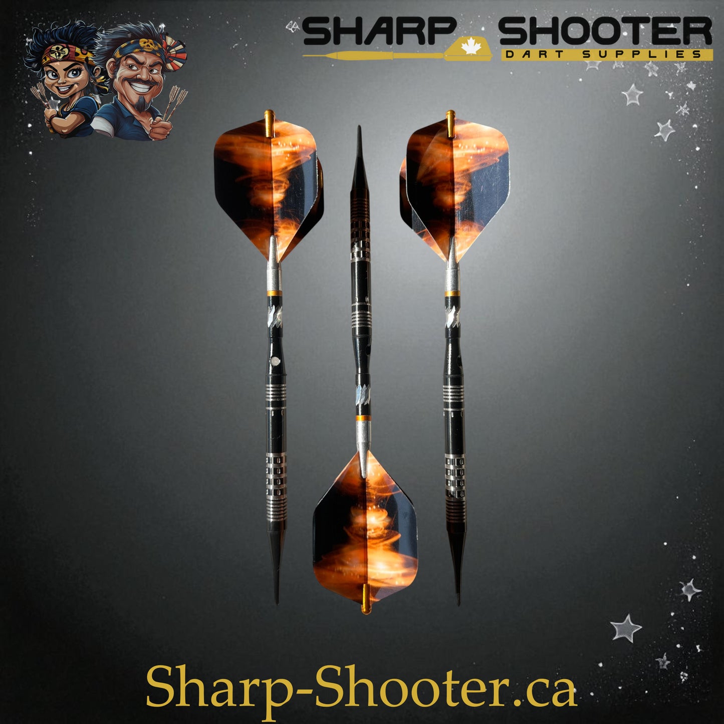 Hades Exclusive Series Soft Tip Dart Set SSD28 – 18.7g tungsten barrels with orange Tornado flights and gold protectors in Dominion case