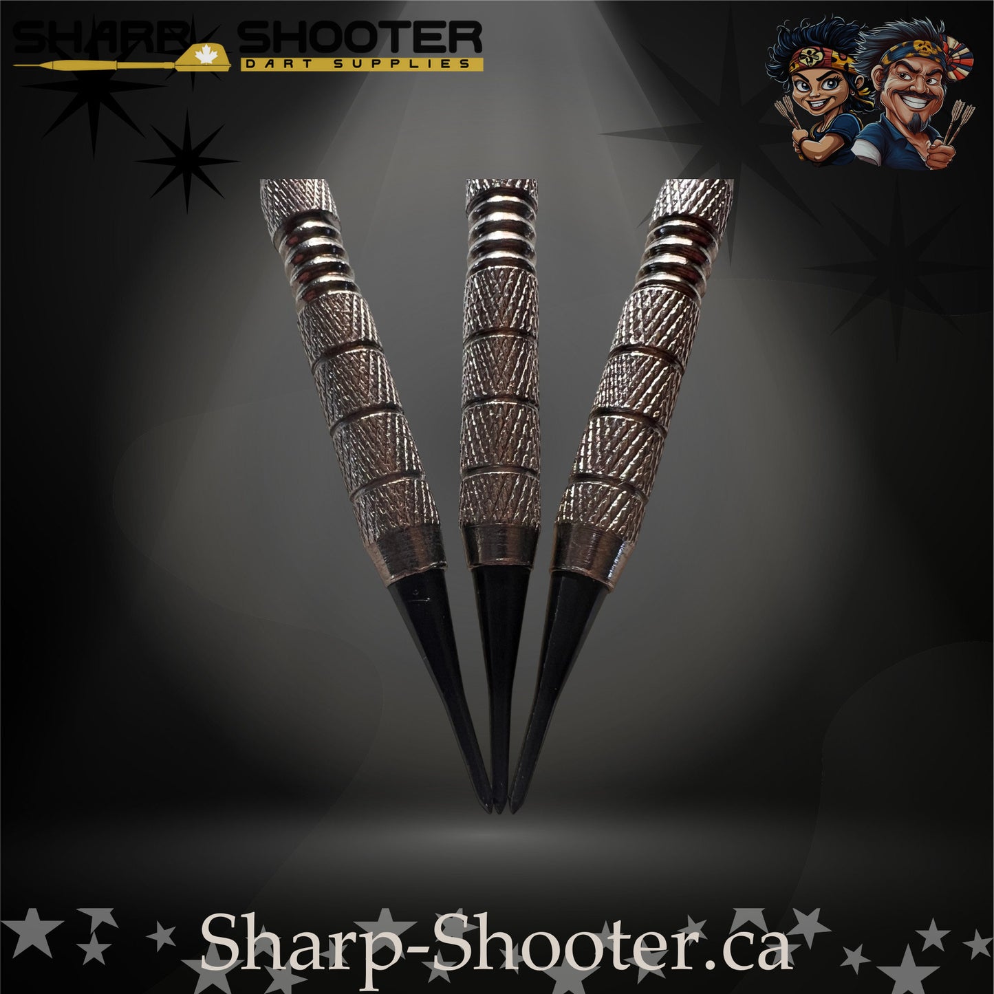 London Fog soft tip dart set with silver swirl flights, black shafts, and textured steel barrels, displayed on a dark gradient background