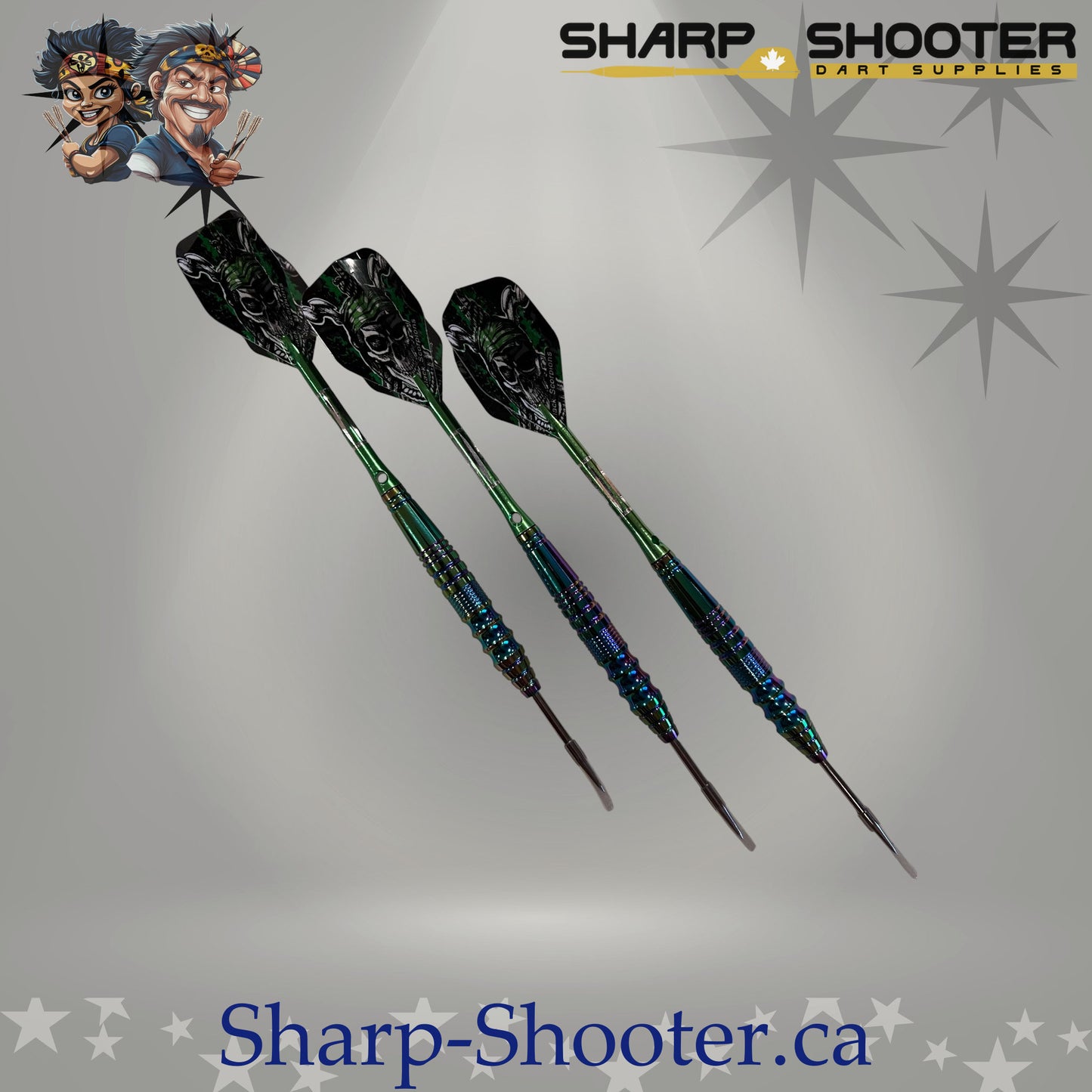 Marauder Select Series steel dart set with Prismforge copper oilslick barrels, green aluminum shafts, pirate skull flights, and steel tips by Sharpshooter