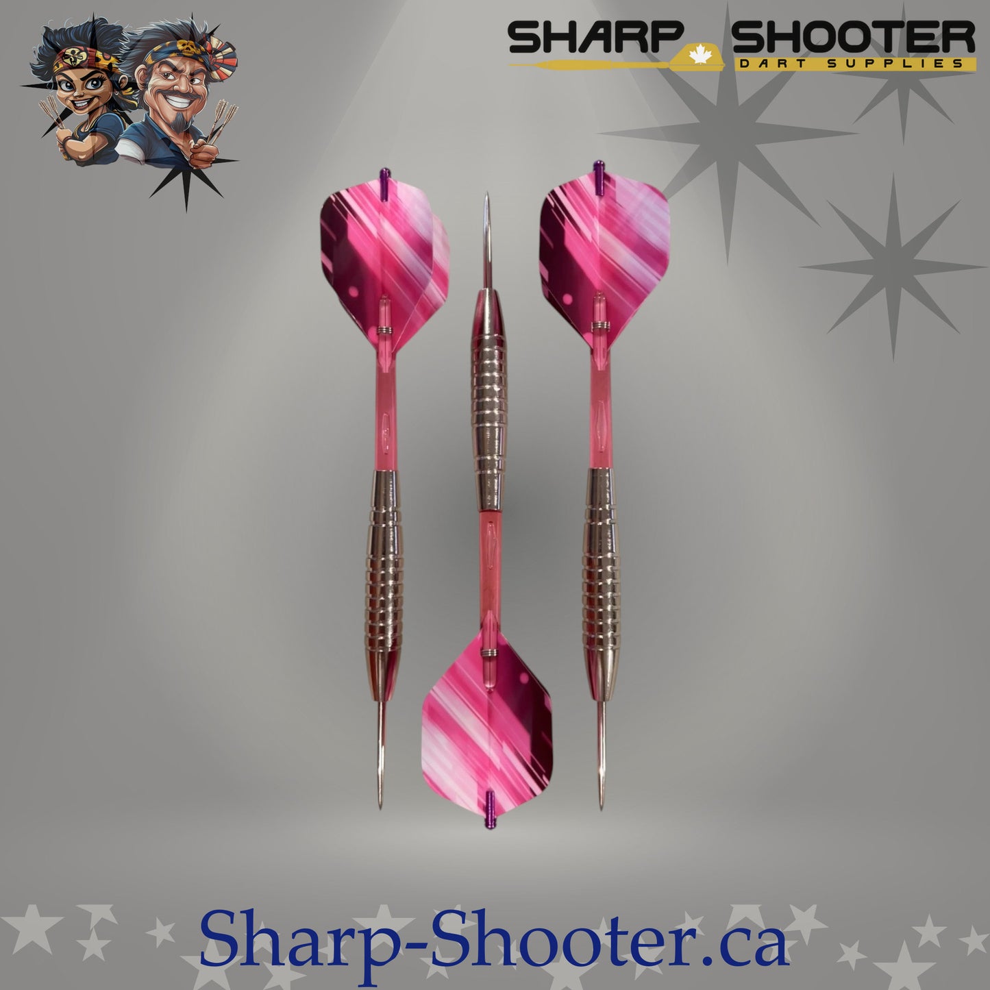 Pink Lady steel dart set featuring silver stainless The Warden barrels, pink flights, matching plastic shafts with aluminum shaft rings, and steel tips arranged on a neutral grey studio background.