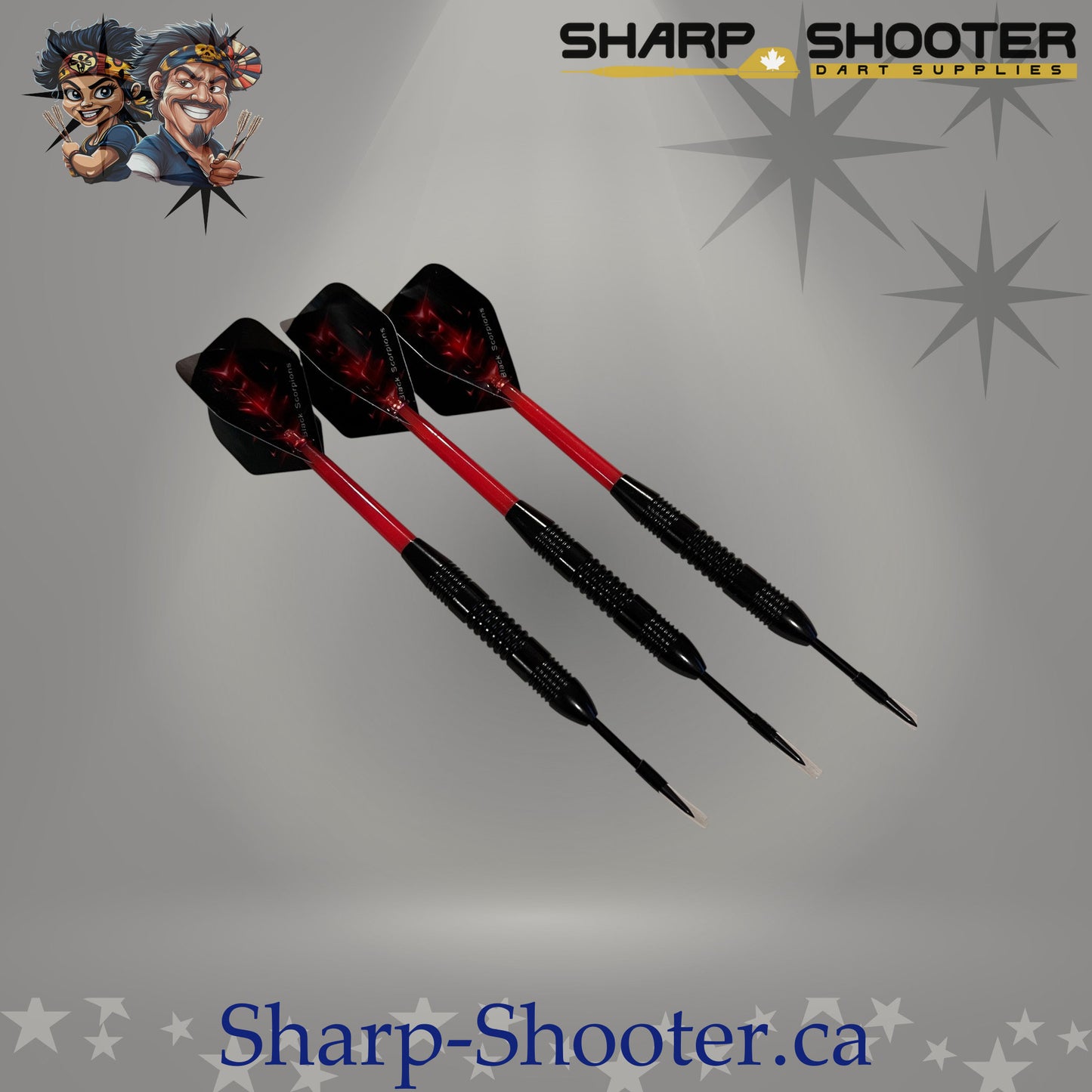 Red Baron steel dart set with straight black barrels, red sparkle flights, and plastic shafts on grey studio background