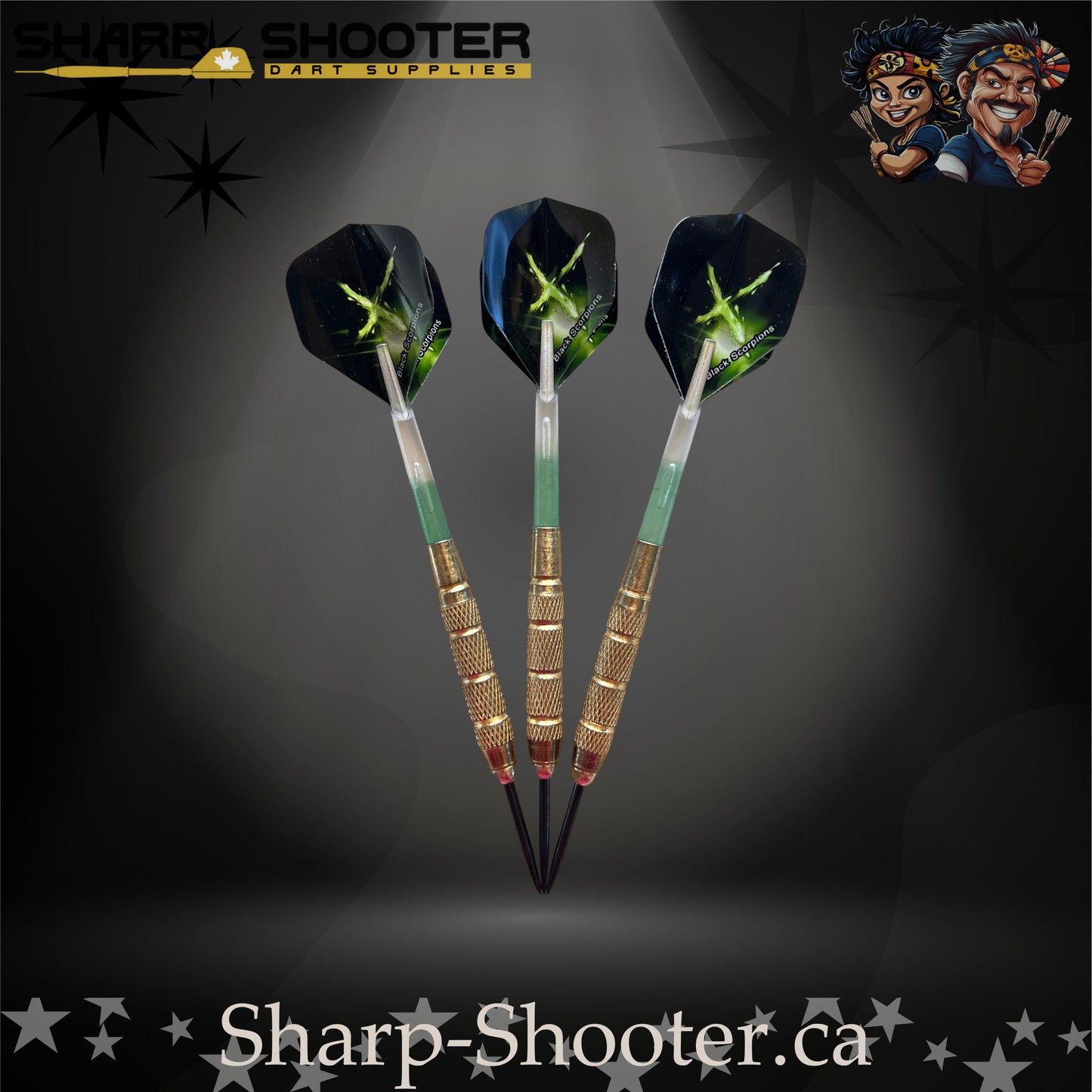 Sniper steel-tip dart set with gold knurled barrels, green-gradient shafts and green energy burst flights on a dark spotlight background.
