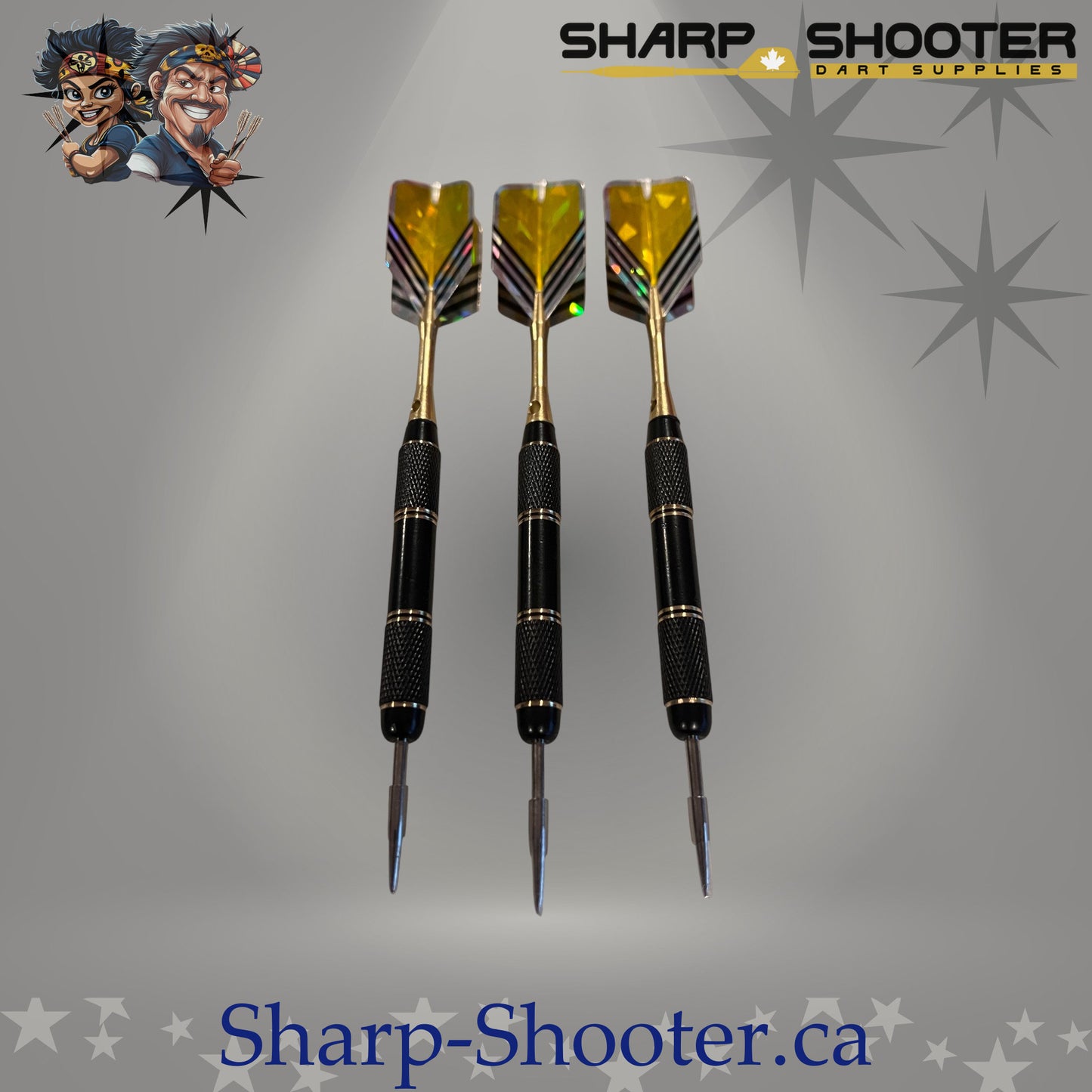 The Maestro steel dart set with straight copper barrels, aluminum shafts, and standard flights on grey studio background