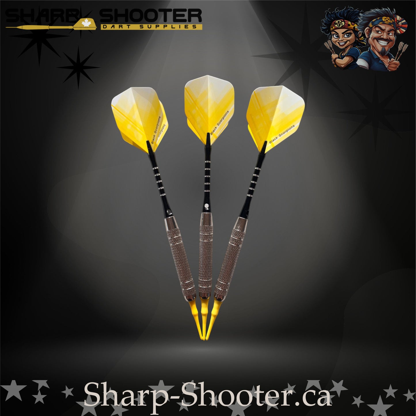 The Wasp soft tip dart set with silver SD14 Equinox barrels, engraved aluminum shafts with O-rings, yellow crossline fade flights, and bright yellow soft tips displayed on a dark studio background