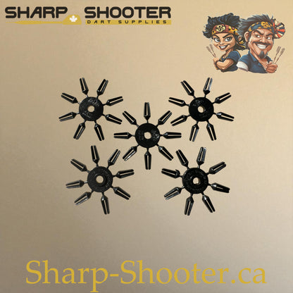Black plastic dart flight protectors – DP08 – 5 rings of 8 – Sharp Shooter