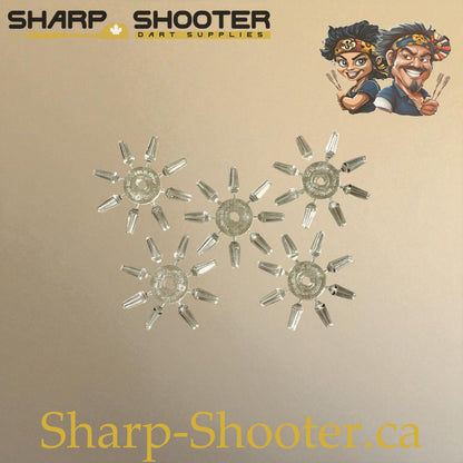 Clear plastic dart flight protectors – DP08 – 5 rings of 8 – Sharp Shooter