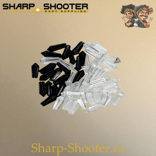 Sharpshooter DP26 flight protectors in clear and black, available in 10-pack or 25-pack, lightweight plastic for protecting dart flights