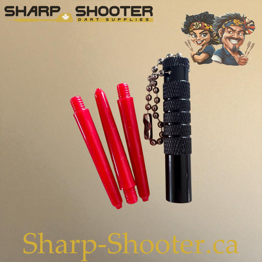 Sharpshooter DP29 Shaft Removal Tool in black, compact keychain design with knurled grip for removing broken shafts from dart barrels