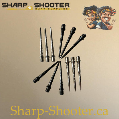 DP34 Steel Dart Tips – Silver & Black – Twisted Screw-Cut – 30/32/34 mm – 3 Pack – Sharp-Shooter.ca