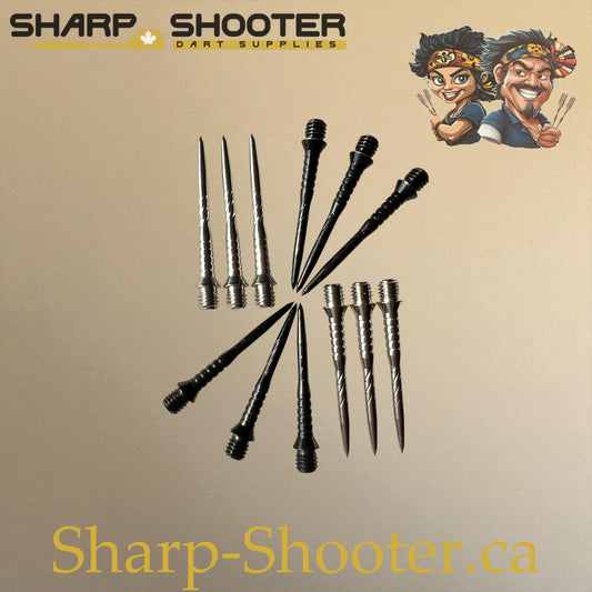 DP34 Steel Dart Tips – Silver & Black – Twisted Screw-Cut – 30/32/34 mm – 3 Pack – Sharp-Shooter.ca