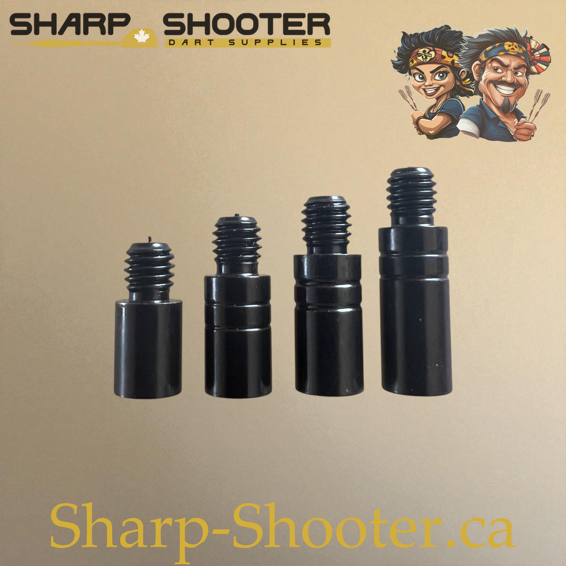 Black dart weight adjusters in four sizes (1.5g, 2.0g, 2.5g, 3.0g) for precise dart balance, 2BA thread, Sharp Shooter Dart Supplies