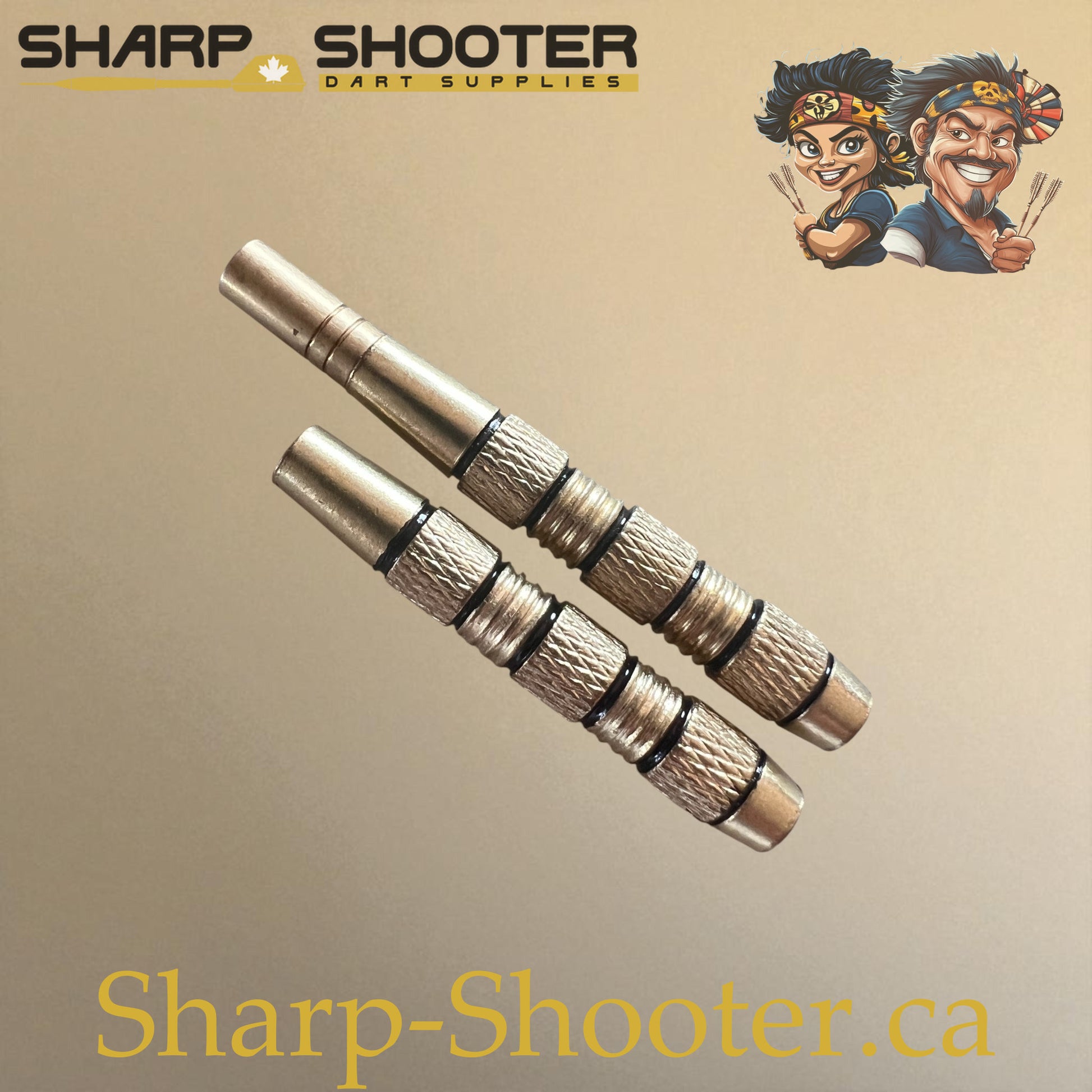 Brass dart barrels – one standard, one with weight adjuster installed – Sharp-Shooter