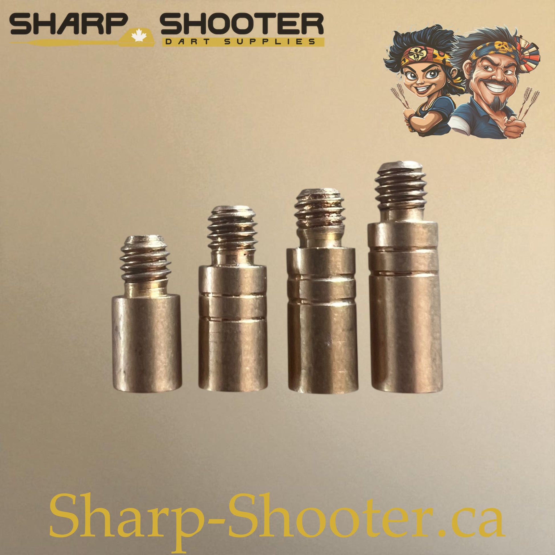 Brass dart weight adjusters in four sizes (1.5g, 2.0g, 2.5g, 3.0g) for precise dart balance, 2BA thread, Sharp Shooter Dart Supplies
