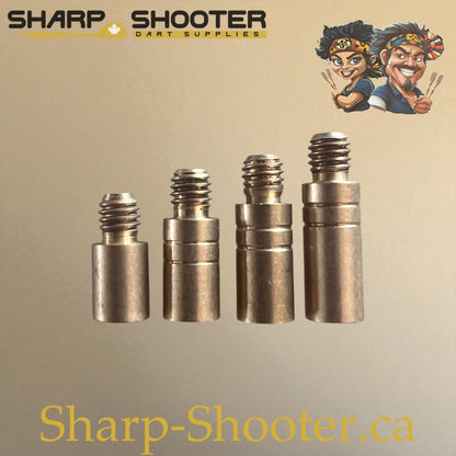 Brass dart weight adjusters in four sizes (1.5g, 2.0g, 2.5g, 3.0g) for precise dart balance, 2BA thread, Sharp Shooter Dart Supplies