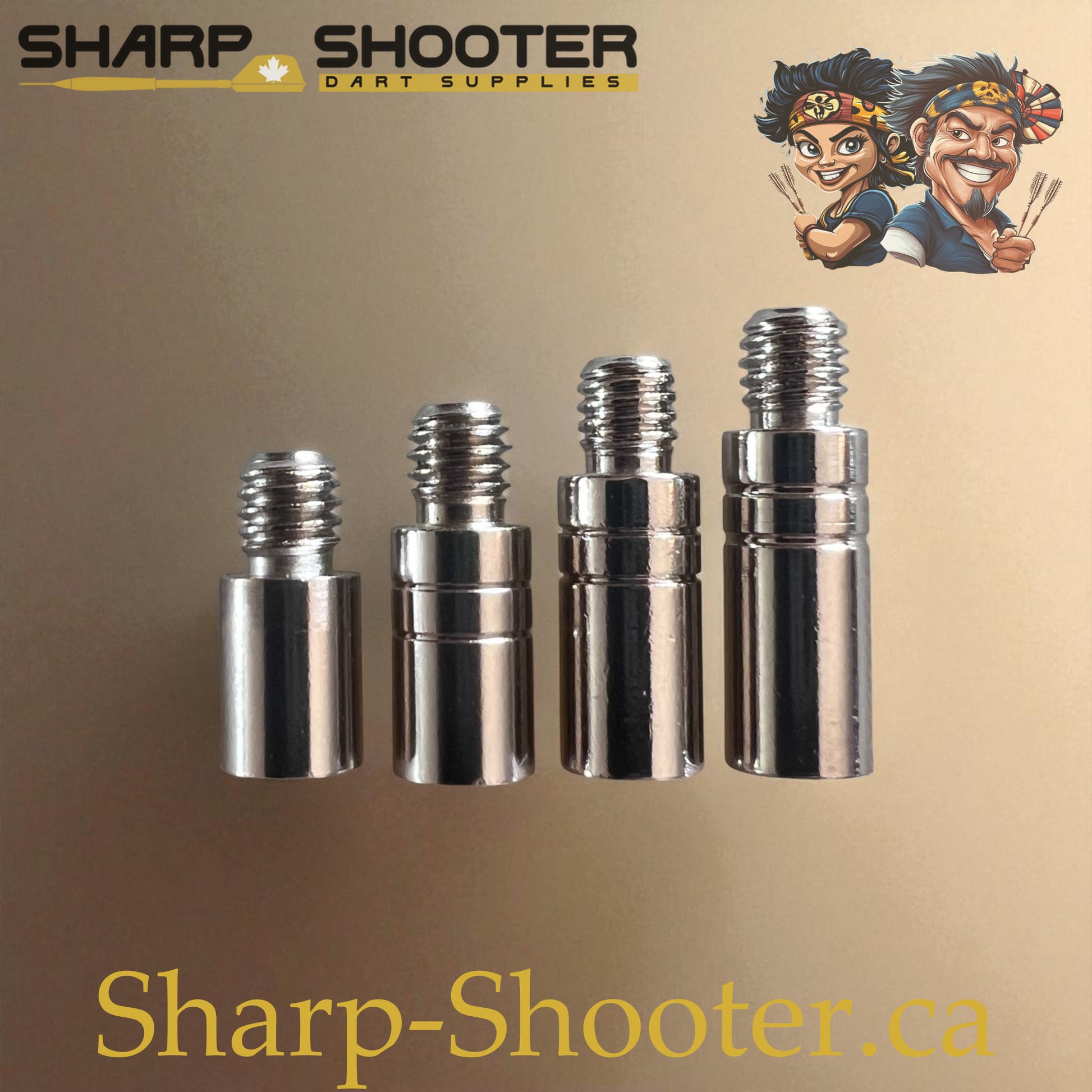 Silver dart weight adjusters in four sizes (1.5g, 2.0g, 2.5g, 3.0g) for precise dart balance, 2BA thread, Sharp Shooter Dart Supplies