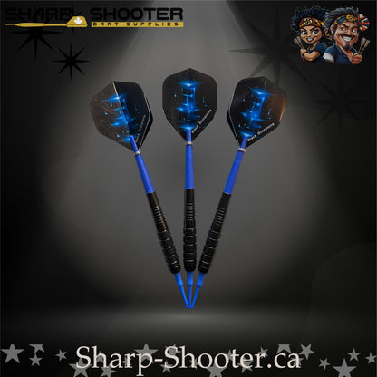Aftershock soft tip dart set with SD12 barrels, blue shafts, blue tips, and star-pattern flights – Sharp Shooter Dart Supplies.