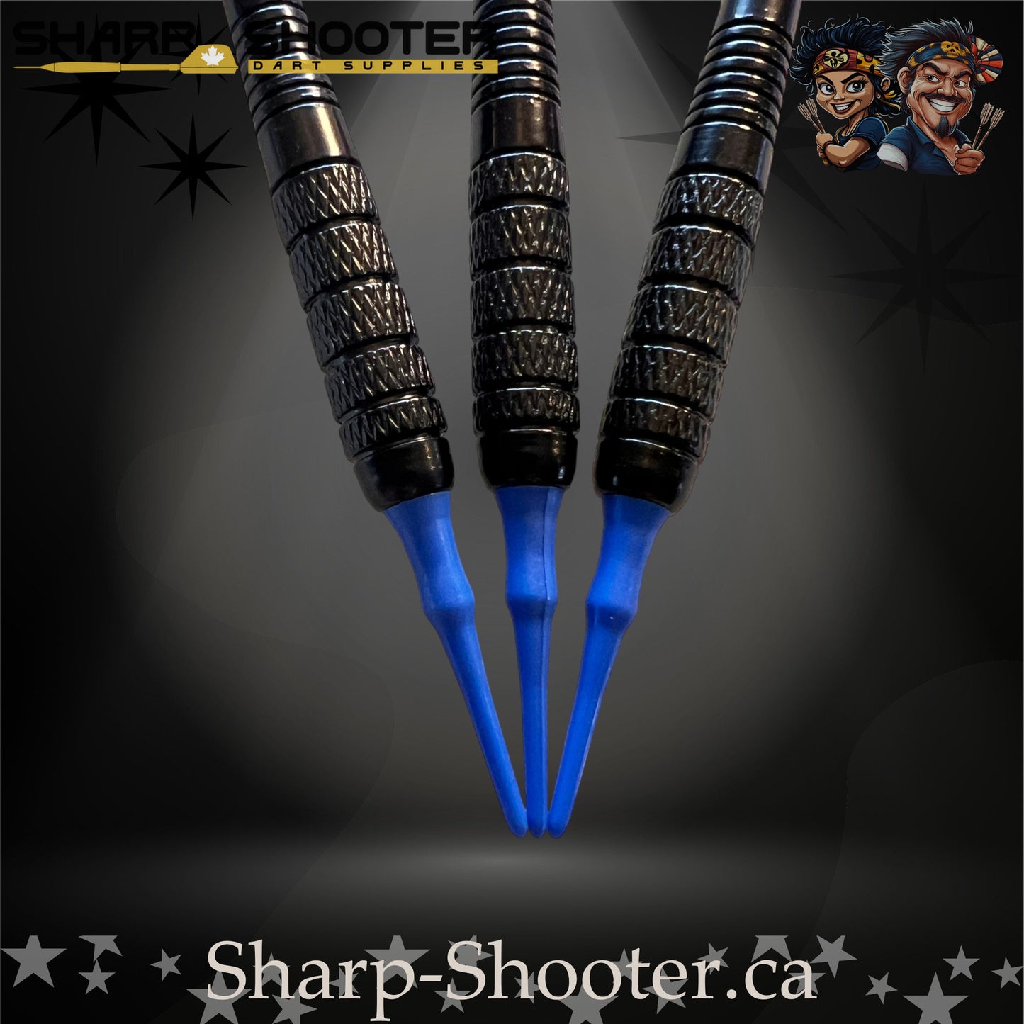 Aftershock soft tip dart set with SD12 barrels, blue shafts, blue tips, and star-pattern flights – Sharp Shooter Dart Supplies.