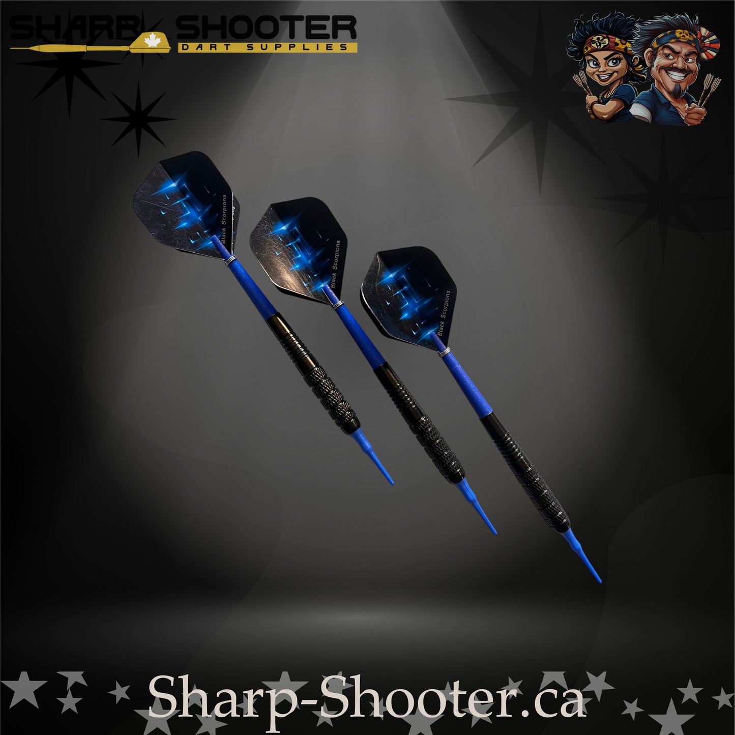Aftershock soft tip dart set with SD12 barrels, blue shafts, blue tips, and star-pattern flights – Sharp Shooter Dart Supplies.
